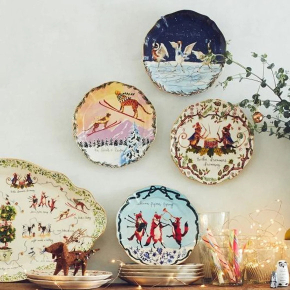Anthropologie Inslee Fariss 12 Days Of Christmas Lords Leaping  Dessert Plate - Picture 5 of 7